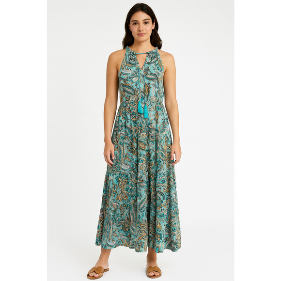 Boho Paisley Maxi Dress – Sleeveless Summer Halter Sundress with Tassel Tie – Tu - Picture 1 of 7